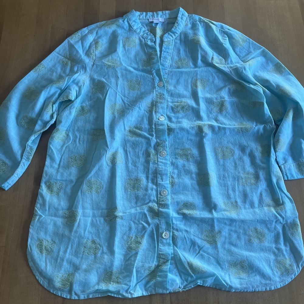 Pure J. Jill Lightweight Aqua Blue Green Paisley Blouse Shirt Gold Top Sz M